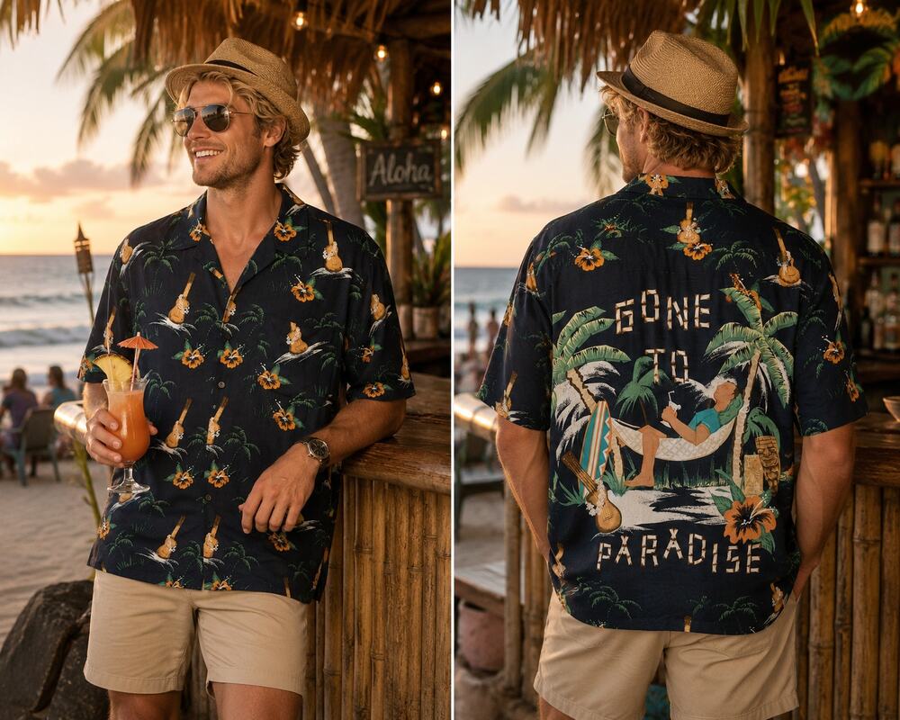 Vintage Rayon Hawaiian Camp Shirt Gone To Paradise Graphic Aloha Mens M